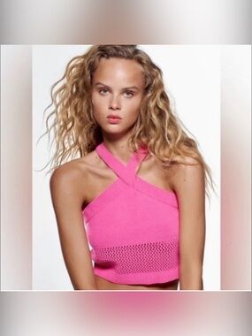 Zara Hot Pink Crisscross Halter Knit Crop Top